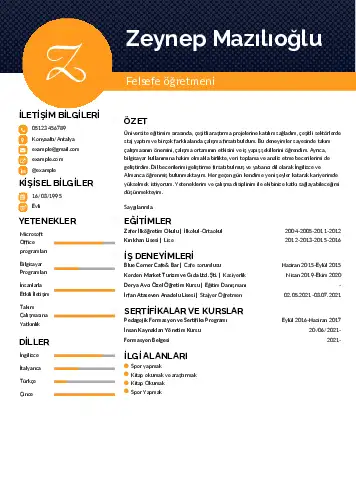 Felsefe Öğretmeni CV Örnekleri cv indir